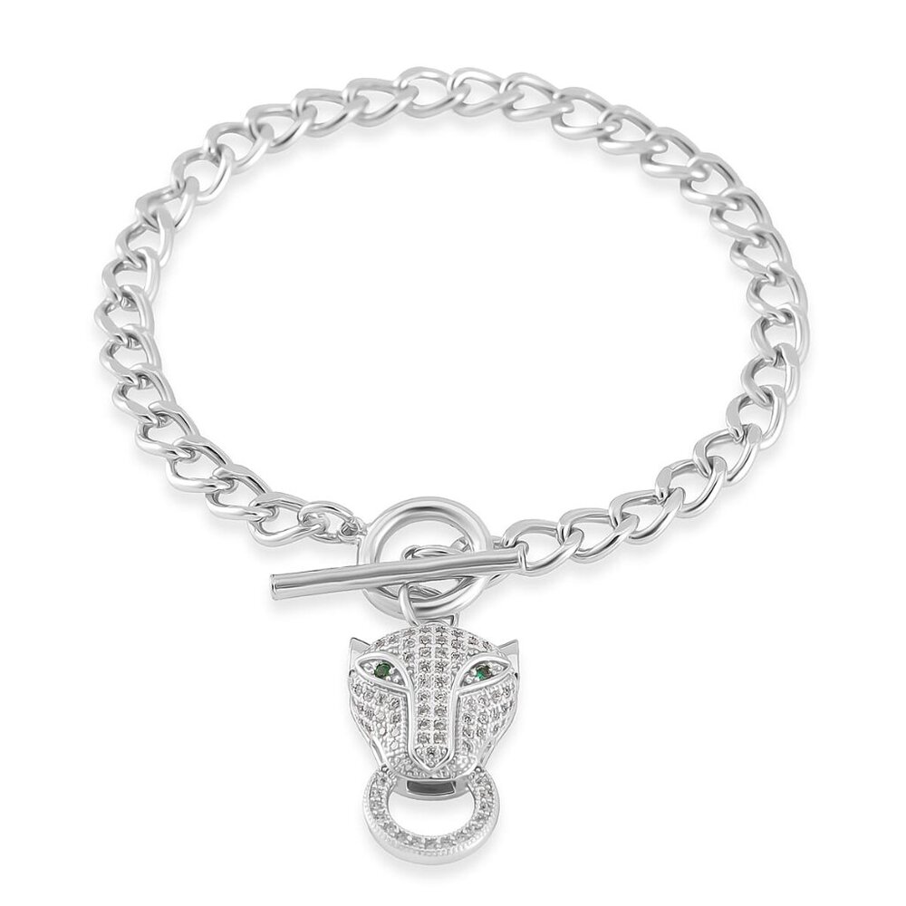 Green Glass and Simulated Diamond Wolf Head and Link Chain Bracelet in Silverton